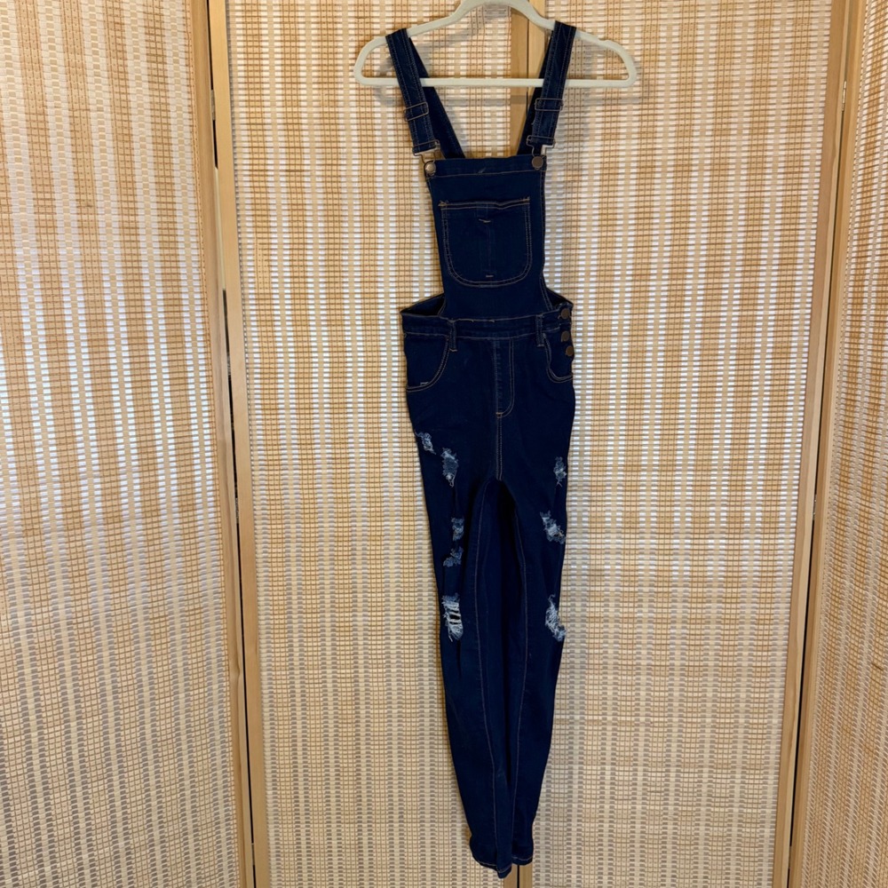 Denim Blvd Womens Distressed Skinny Denim Overalls Dark Wash Blue Size S